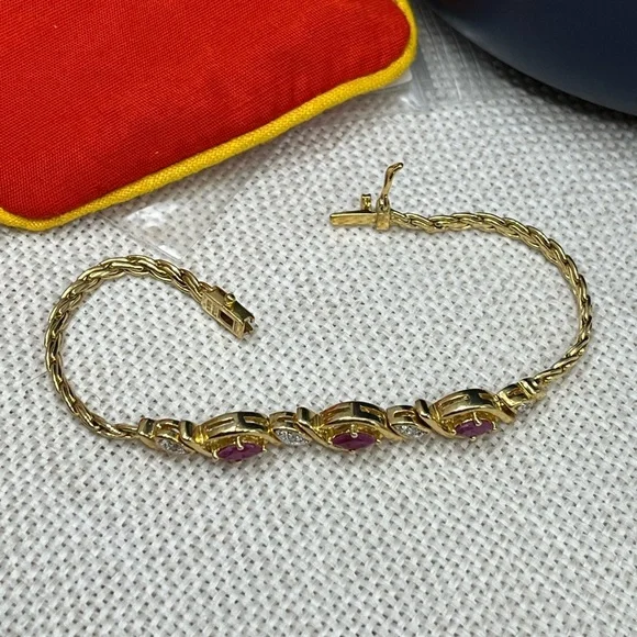 ✨ Vintage 925 Sterling Silver Gold Vermeil Ruby & CZ Tennis Bracelet - 7.25” - Picture 15 of 17
